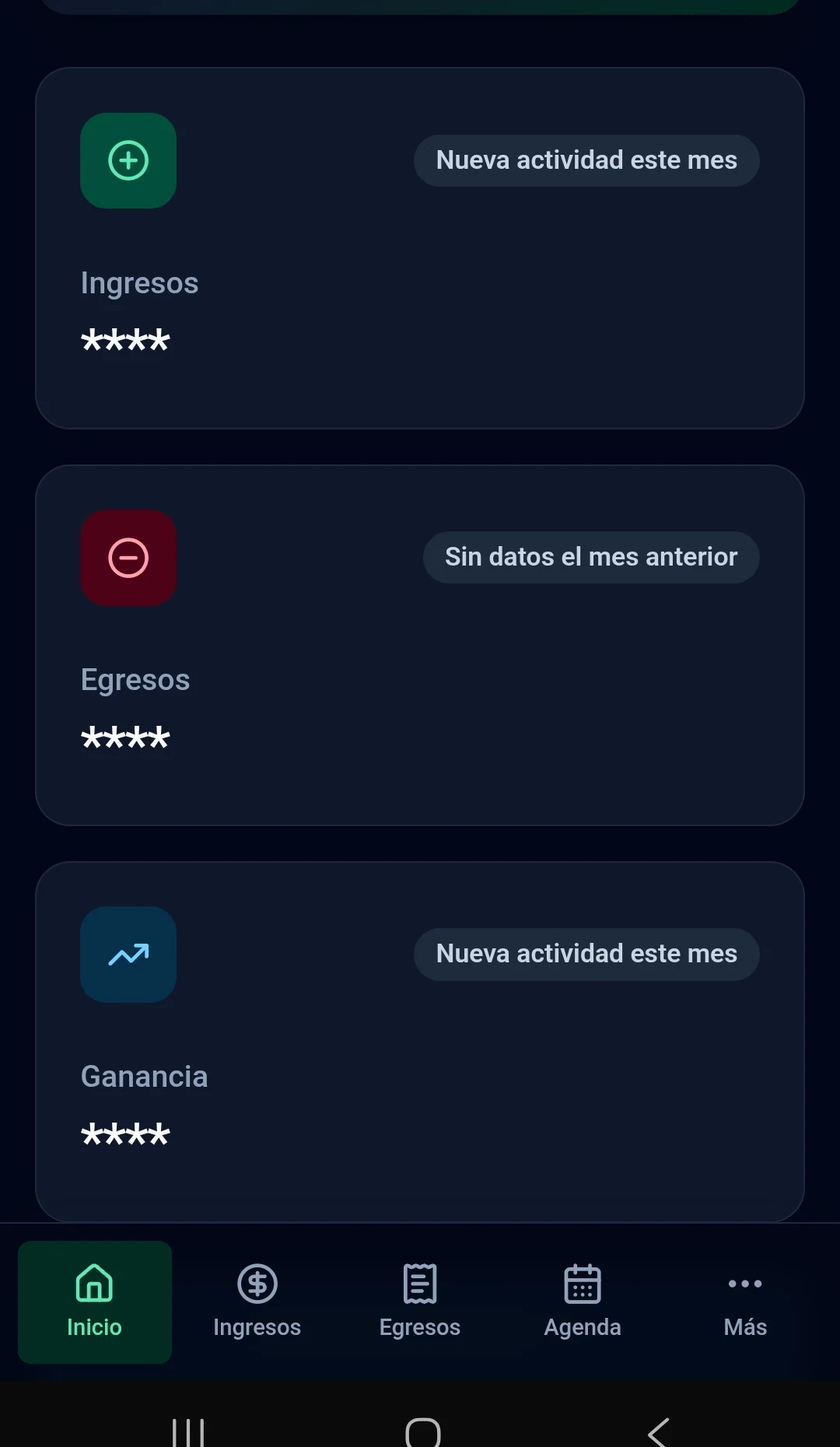 Resumen financiero de Private Balance ejecutado en Android con los importes ocultos