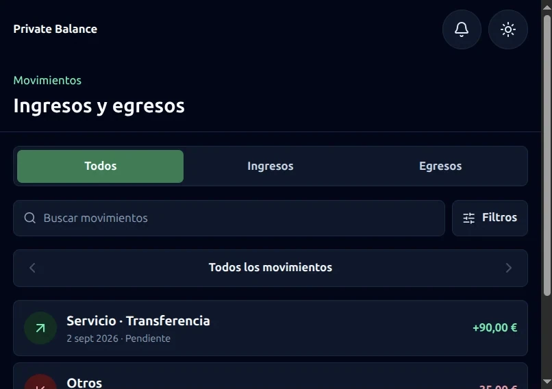 Vista de movimientos de Private Balance con un ingreso y un egreso de demostración