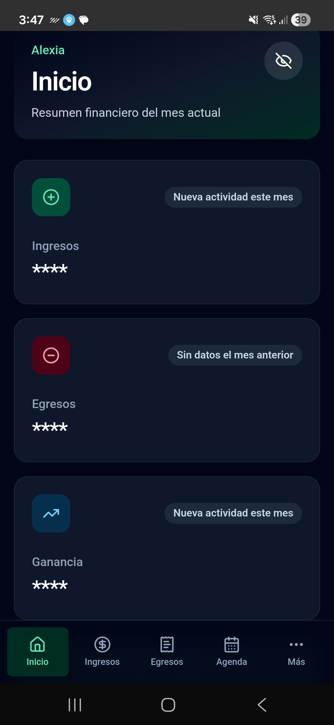 Pantalla de inicio de Private Balance en Android con resumen de ingresos, egresos y ganancia